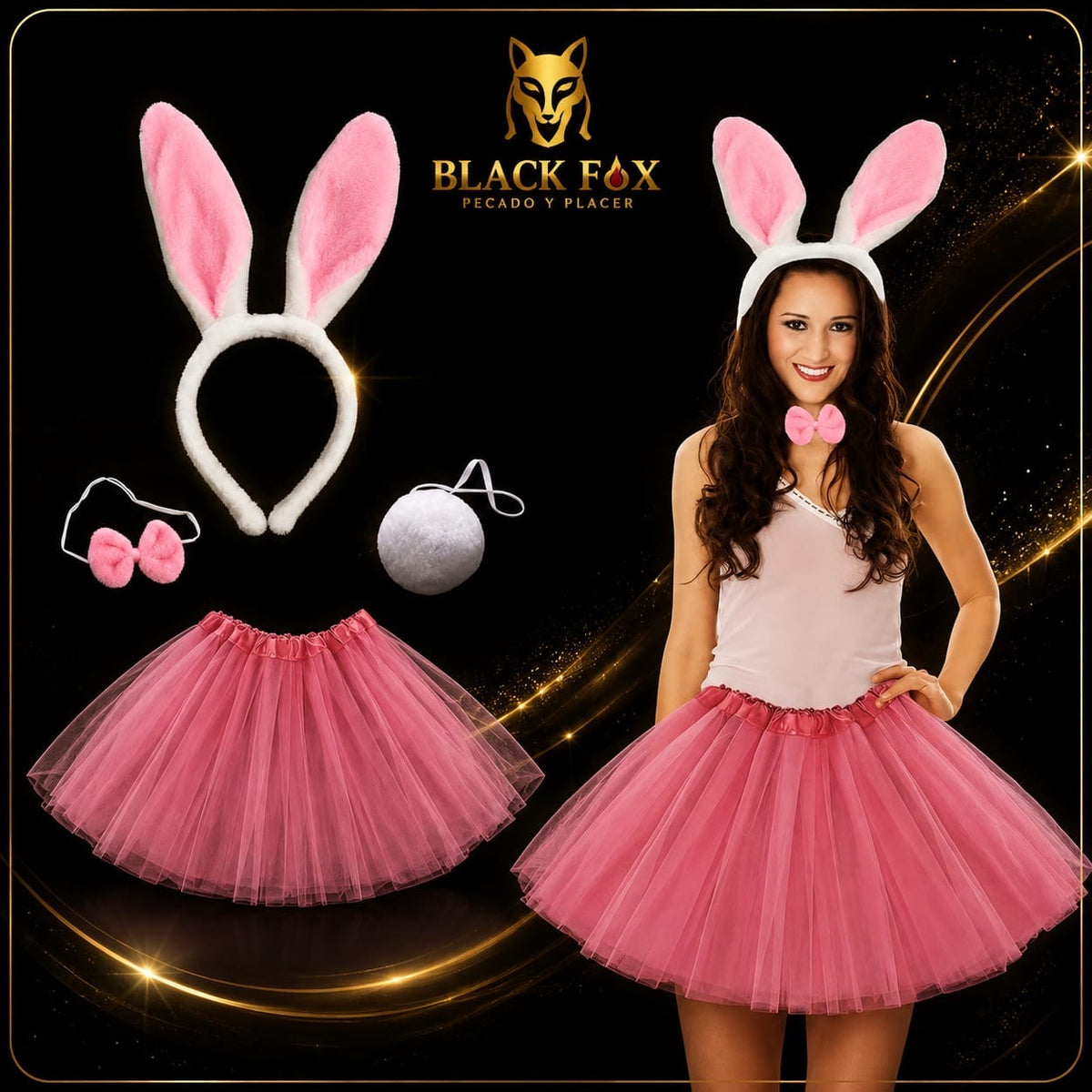 Set de disfraz de conejita: diadema con orejas, corbatín, cola y tutú rosa