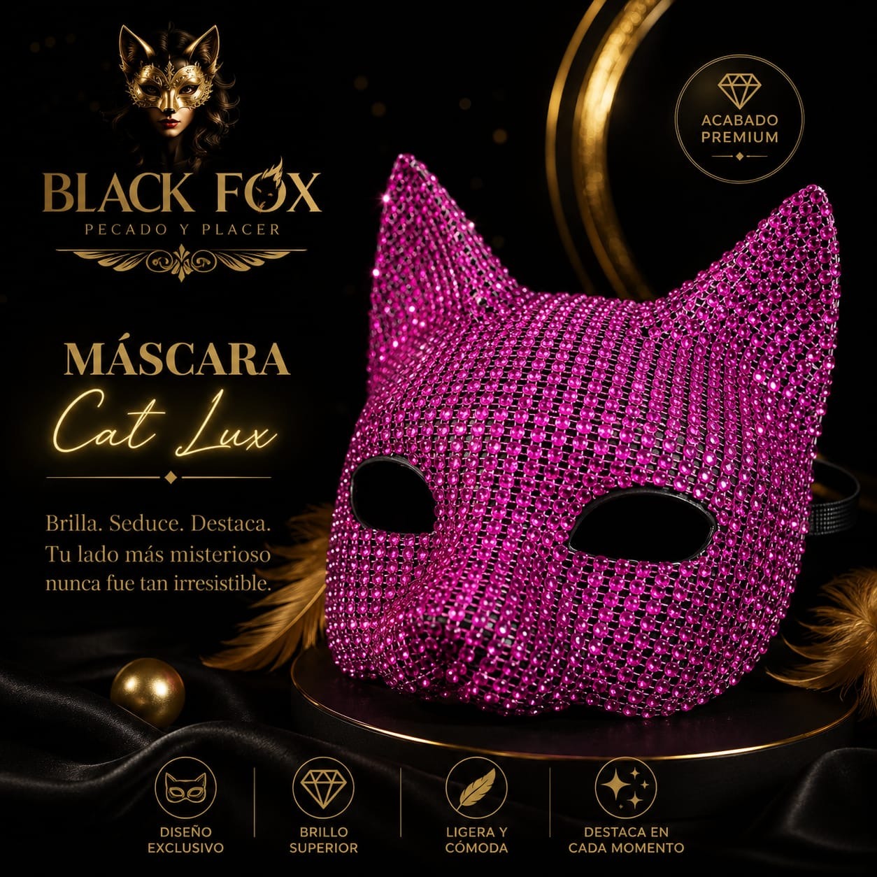Máscara gato de cristales fucsia — Black Fox