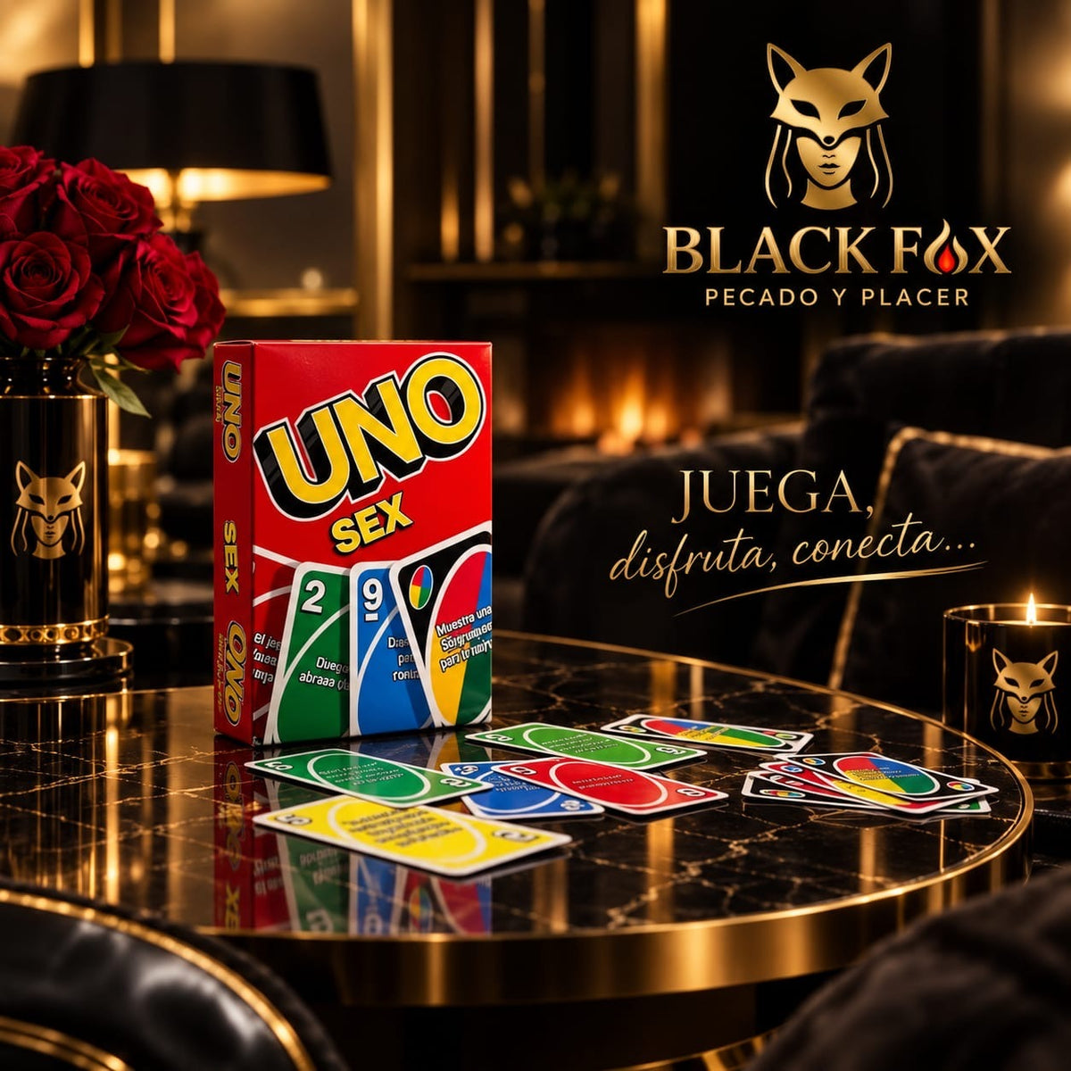 Juego de cartas picante para parejas sobre una mesa dorada