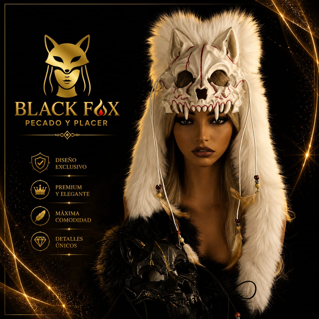 Máscara de bestia blanca con pelaje — Black Fox