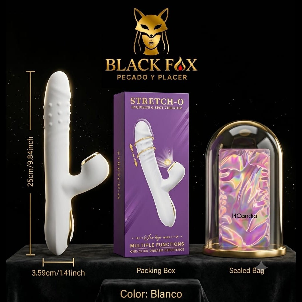 Vibrador telescópico blanco con succionador, su caja y bolsa sellada
