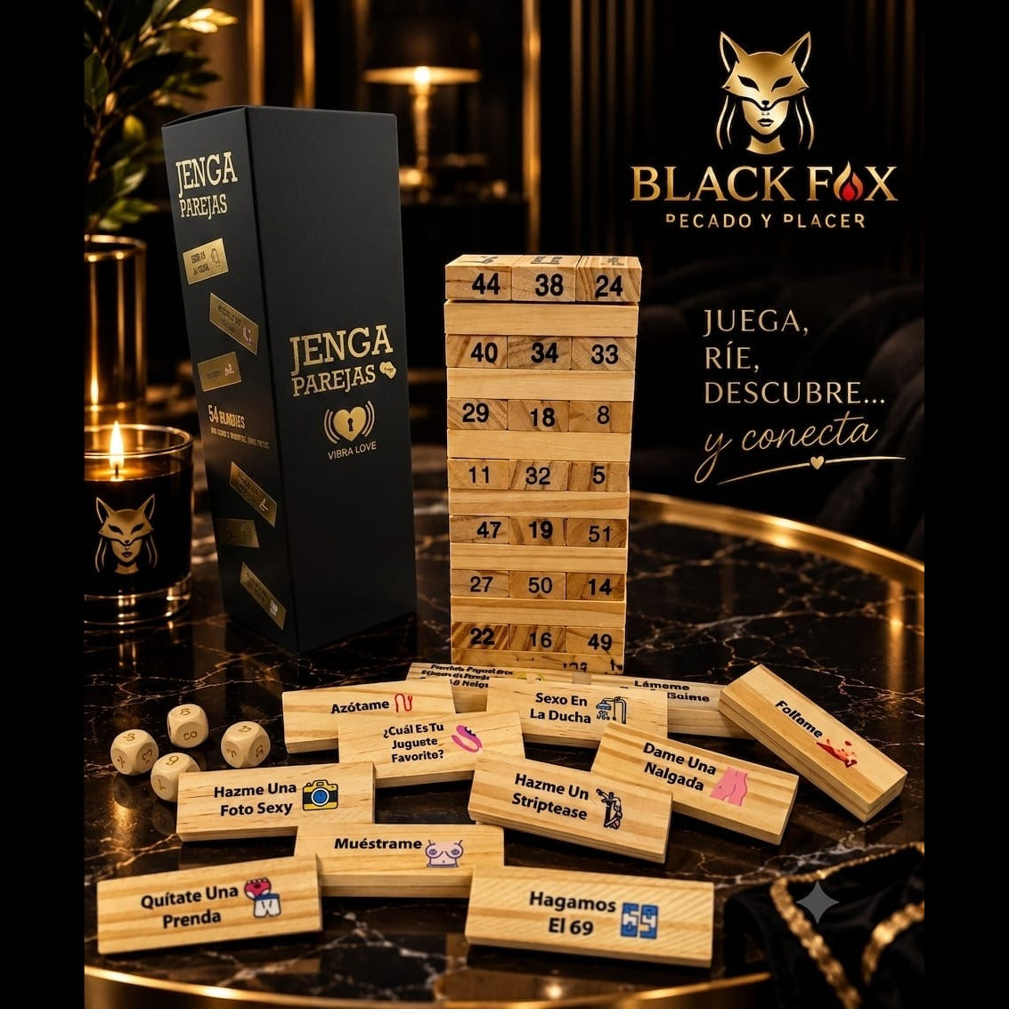 Torre de bloques de madera con retos para parejas, dados y caja negra