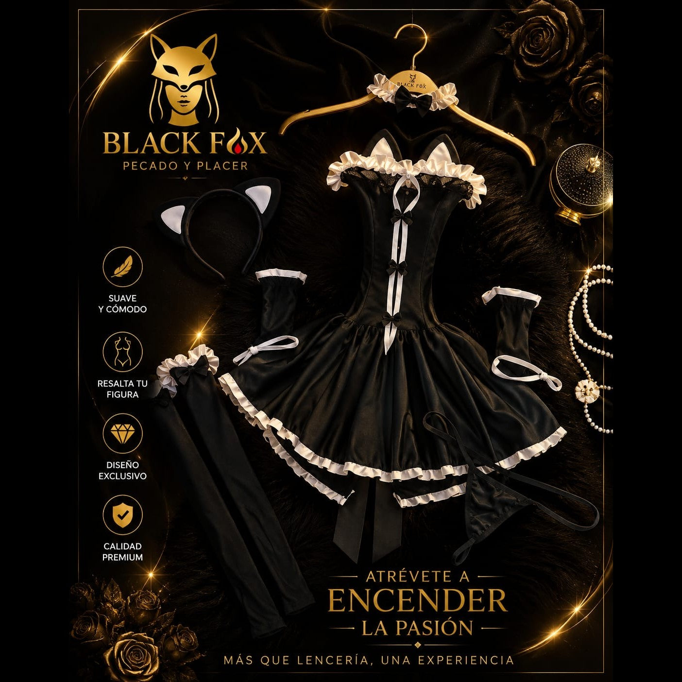 Disfraz de gatita satinado con orejas — Black Fox