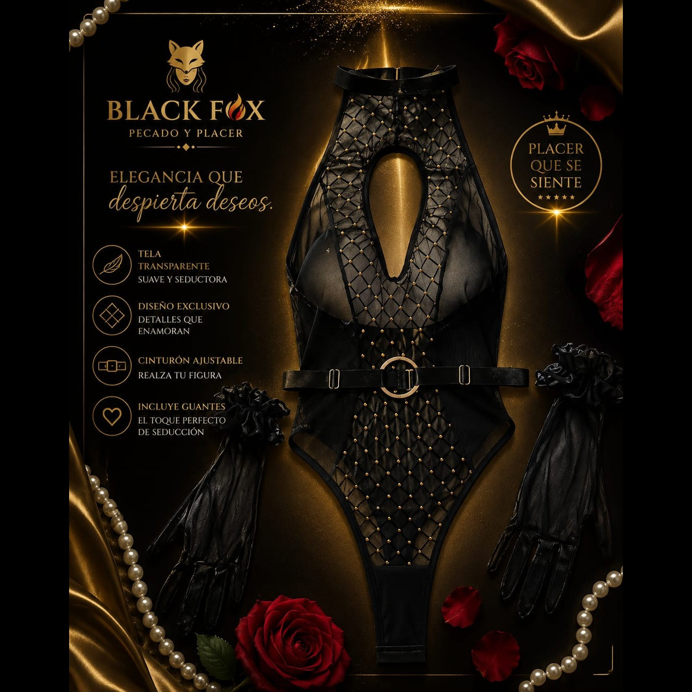 Body de malla con tachas doradas y guantes — Black Fox