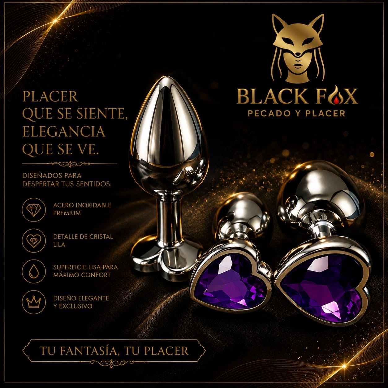 Set de plugs de acero inoxidable con cristal lila en forma de corazón — Black Fox