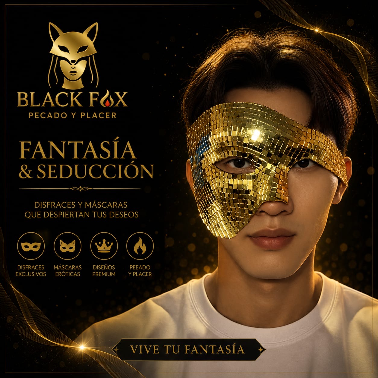 Máscara mosaico dorada Black Fox — antifaz espejo unisex