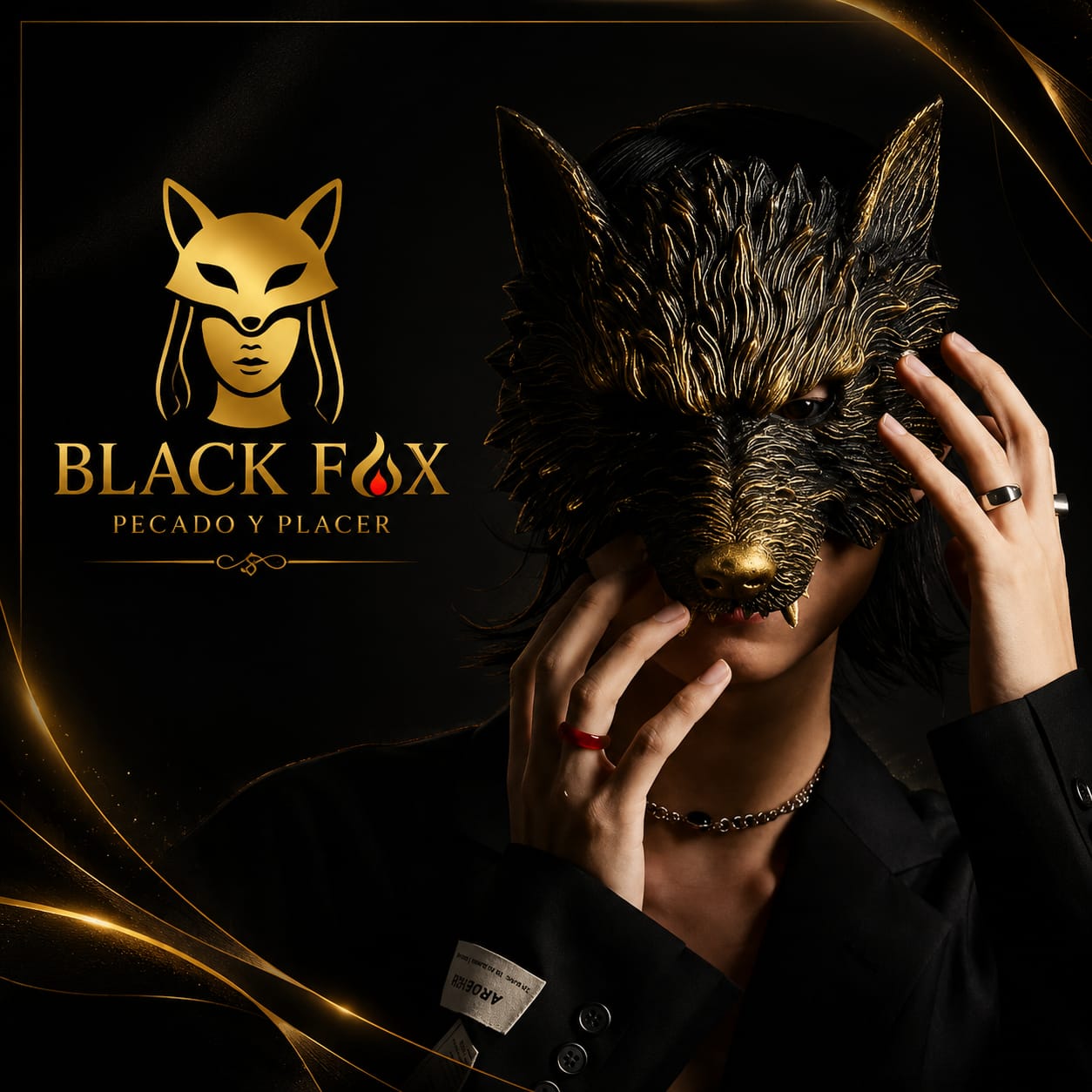 Máscara lobo ancestral negro y oro Black Fox