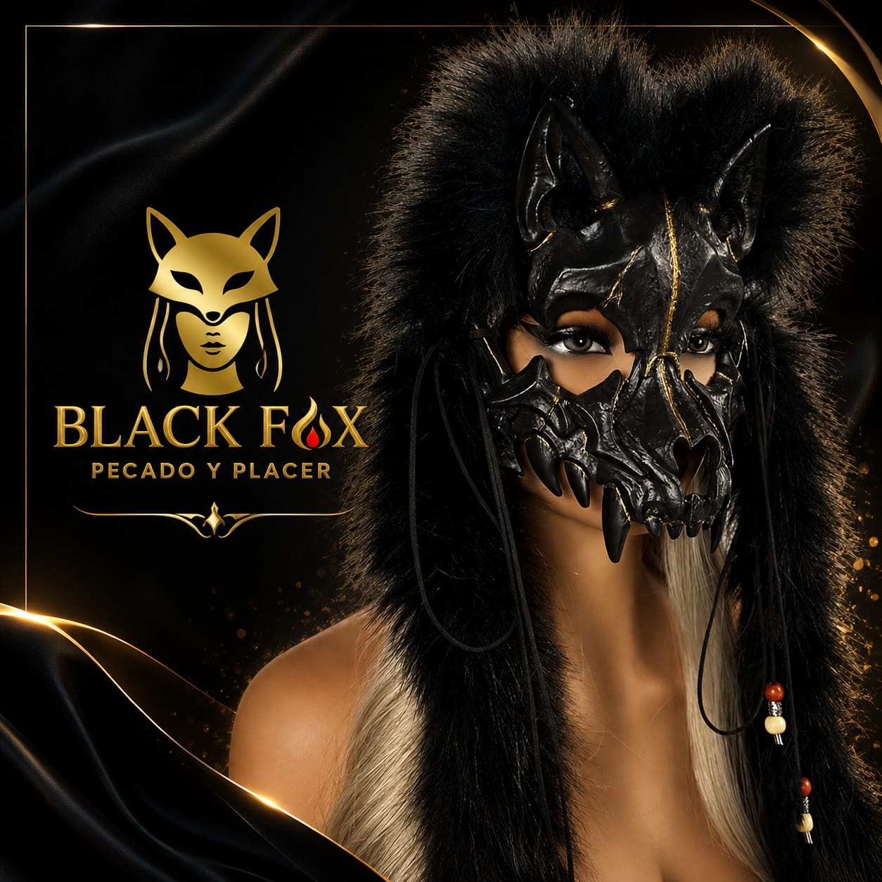 Máscara bestia con colmillos y pelaje negro Black Fox
