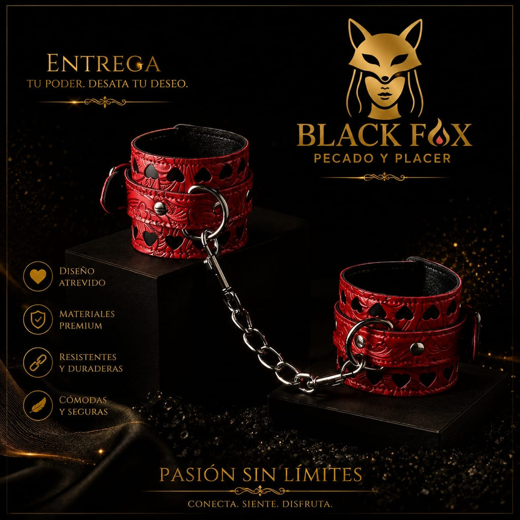 Esposas rojas de cuero con corazones y cadena Black Fox