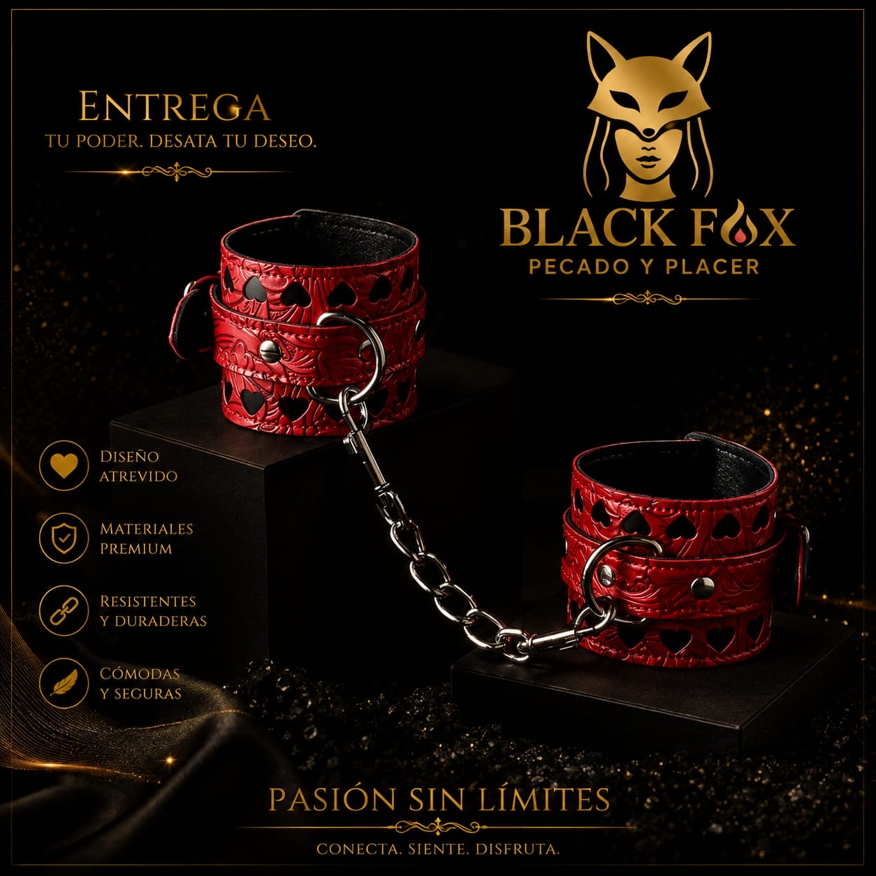 Esposas rojas de cuero con corazones y cadena Black Fox