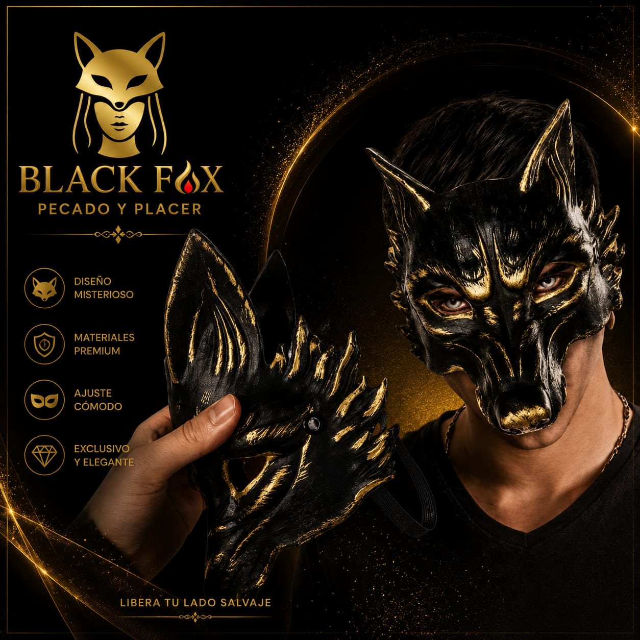 Máscara lobo negro y oro de rostro completo Black Fox