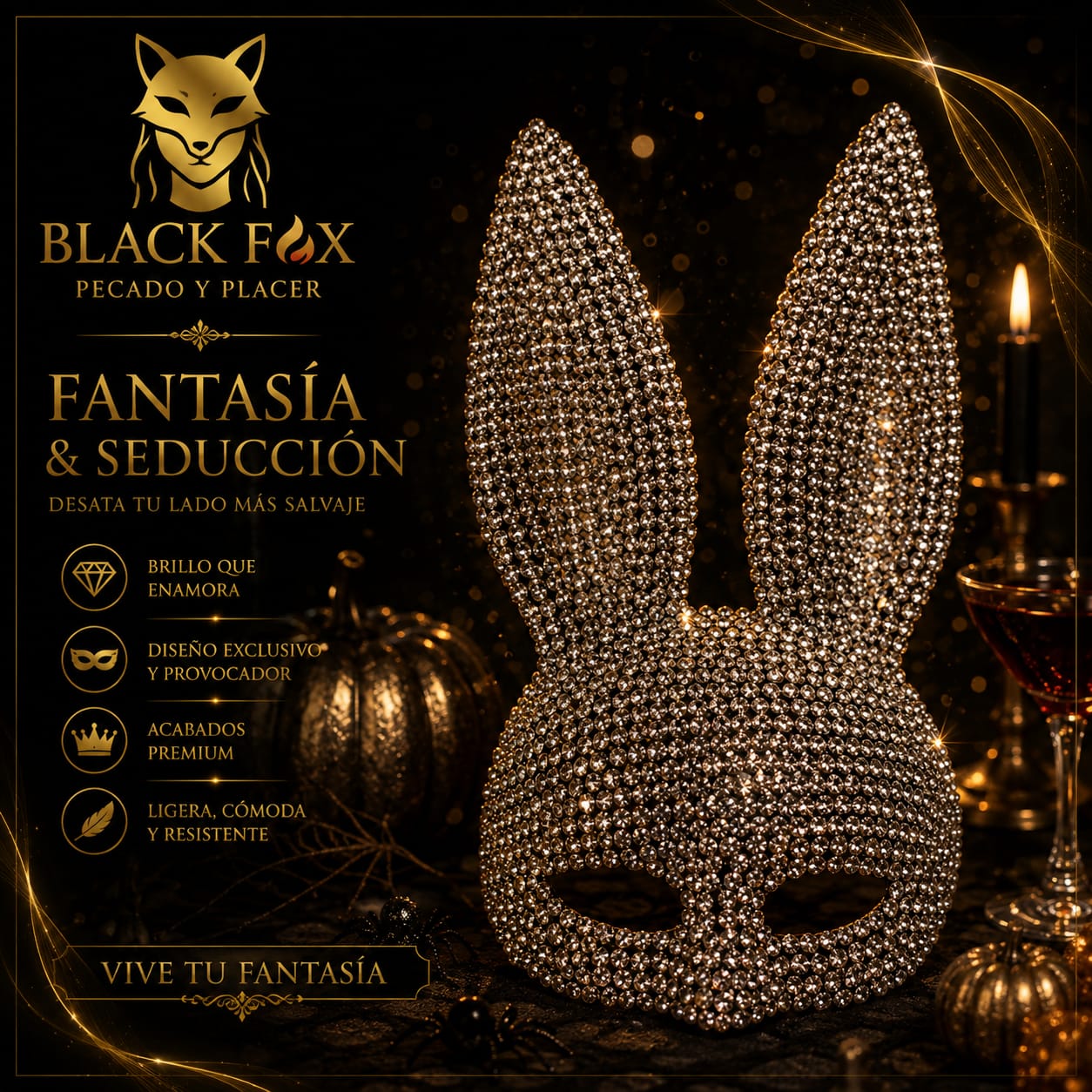 Máscara conejo de cristales con orejas largas Black Fox
