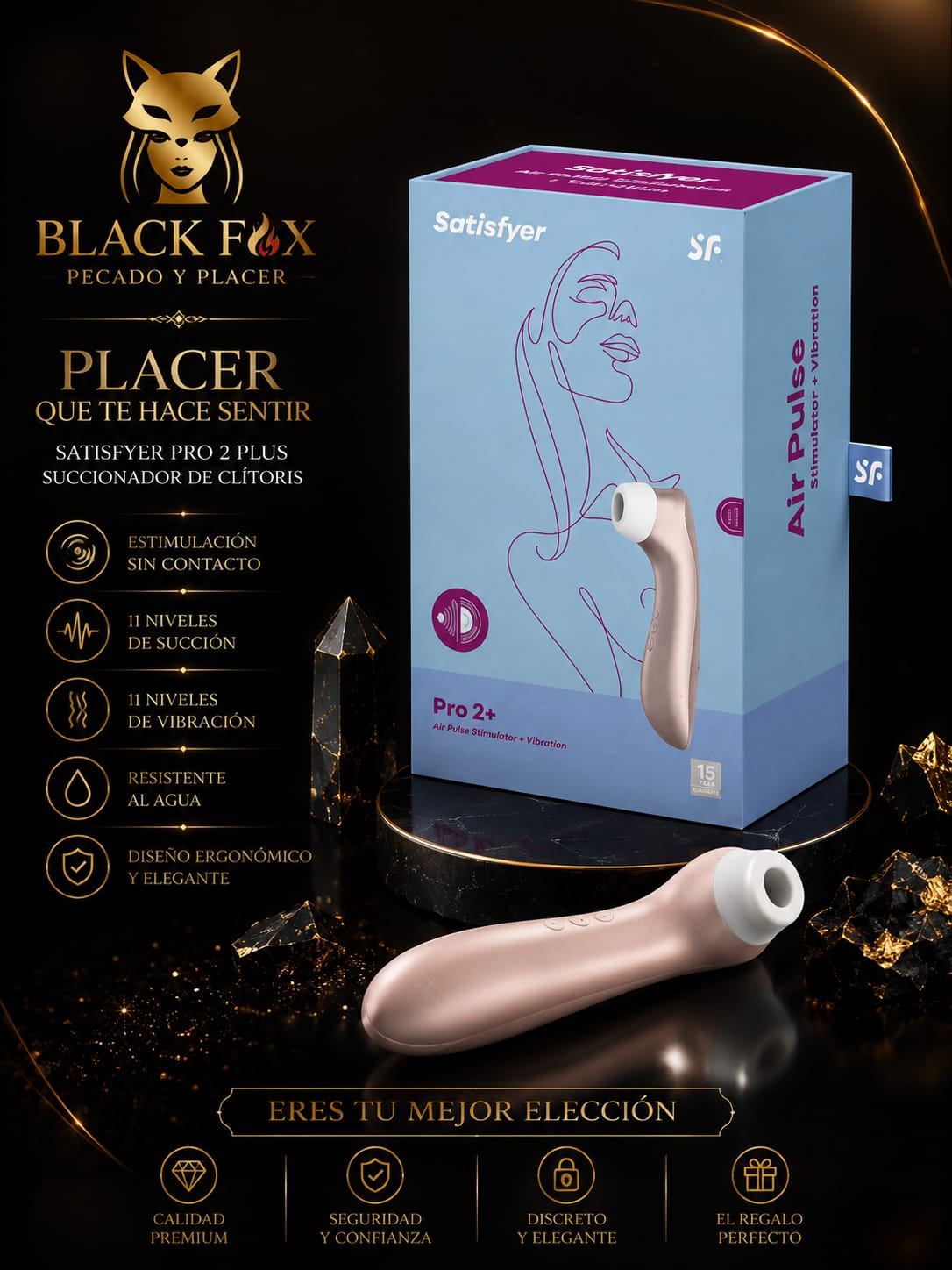 Satisfyer Pro 2+ succionador de clítoris Air Pulse con caja — Black Fox