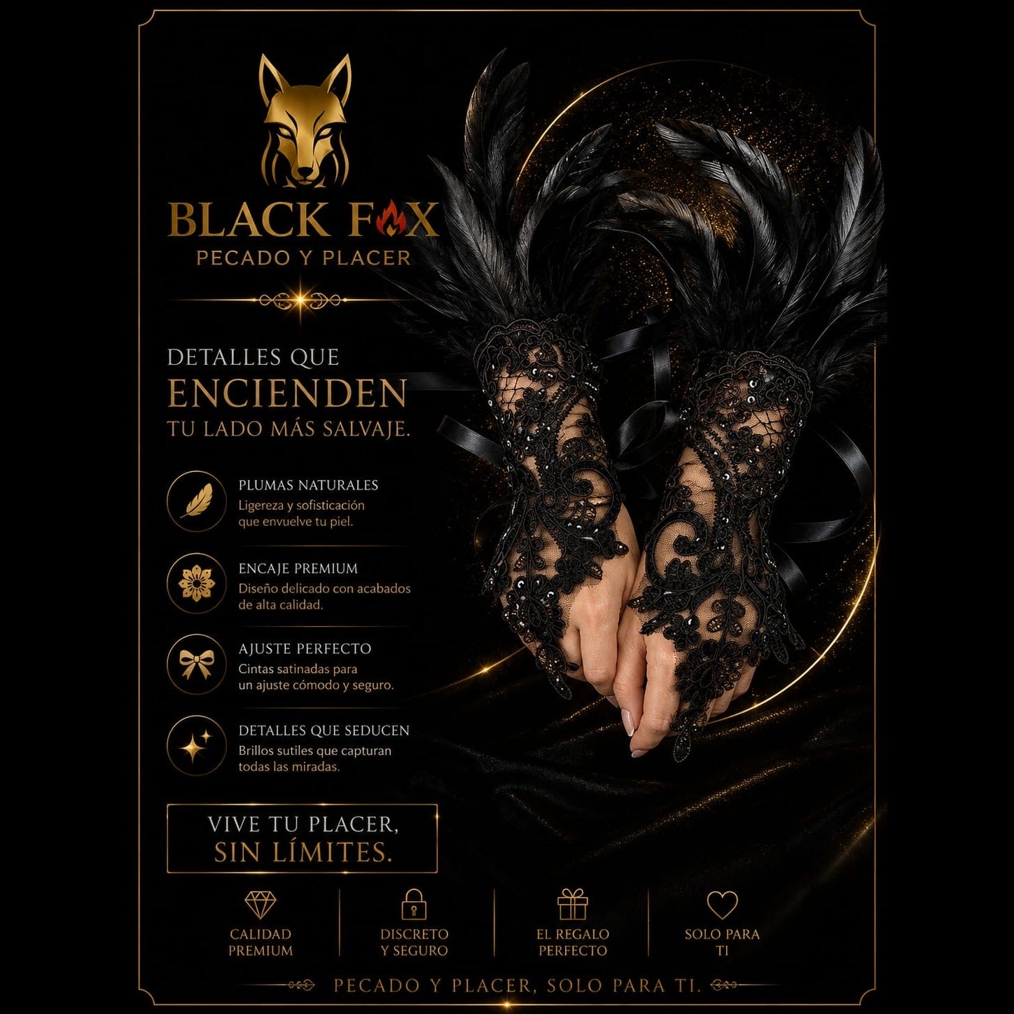 Guantes de encaje negro con plumas — Black Fox