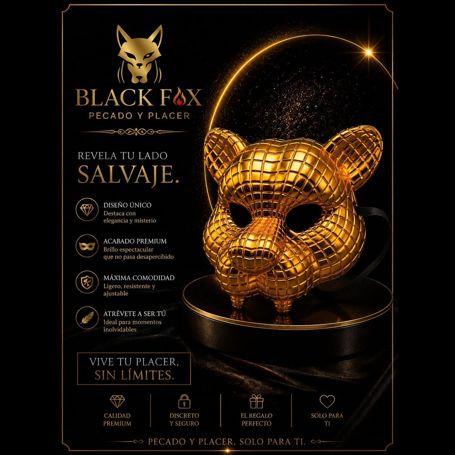 Máscara felina 3D dorada — Black Fox