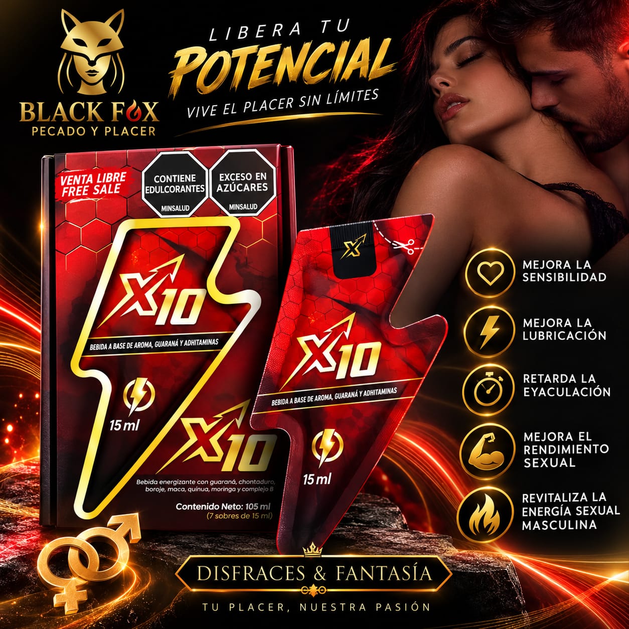 X10 Potencializador Sexual Black Fox — caja y sobre de 15 ml, libera tu potencial
