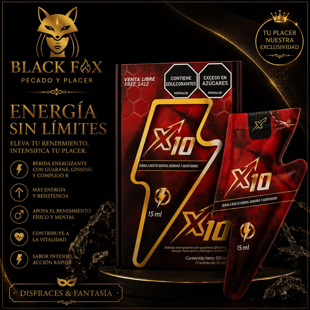 X10 bebida energizante con guaraná, maca, quínua y moringa — contenido neto 105 ml, 7 sobres