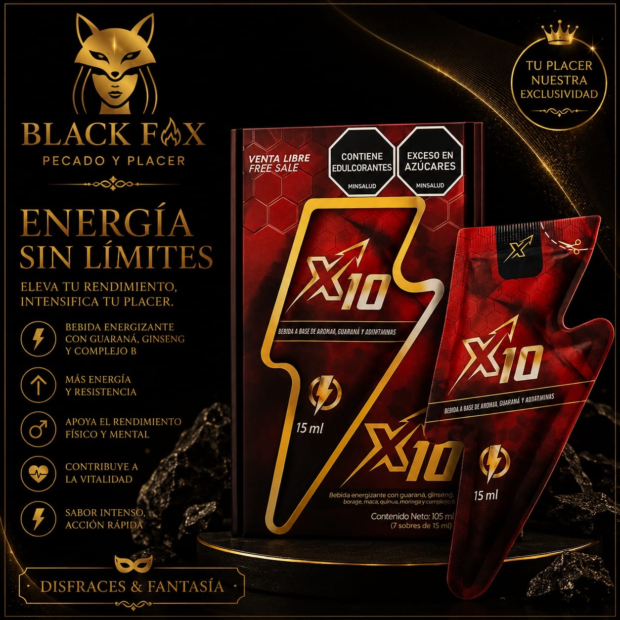 X10 bebida energizante con guaraná, maca, quínua y moringa — contenido neto 105 ml, 7 sobres